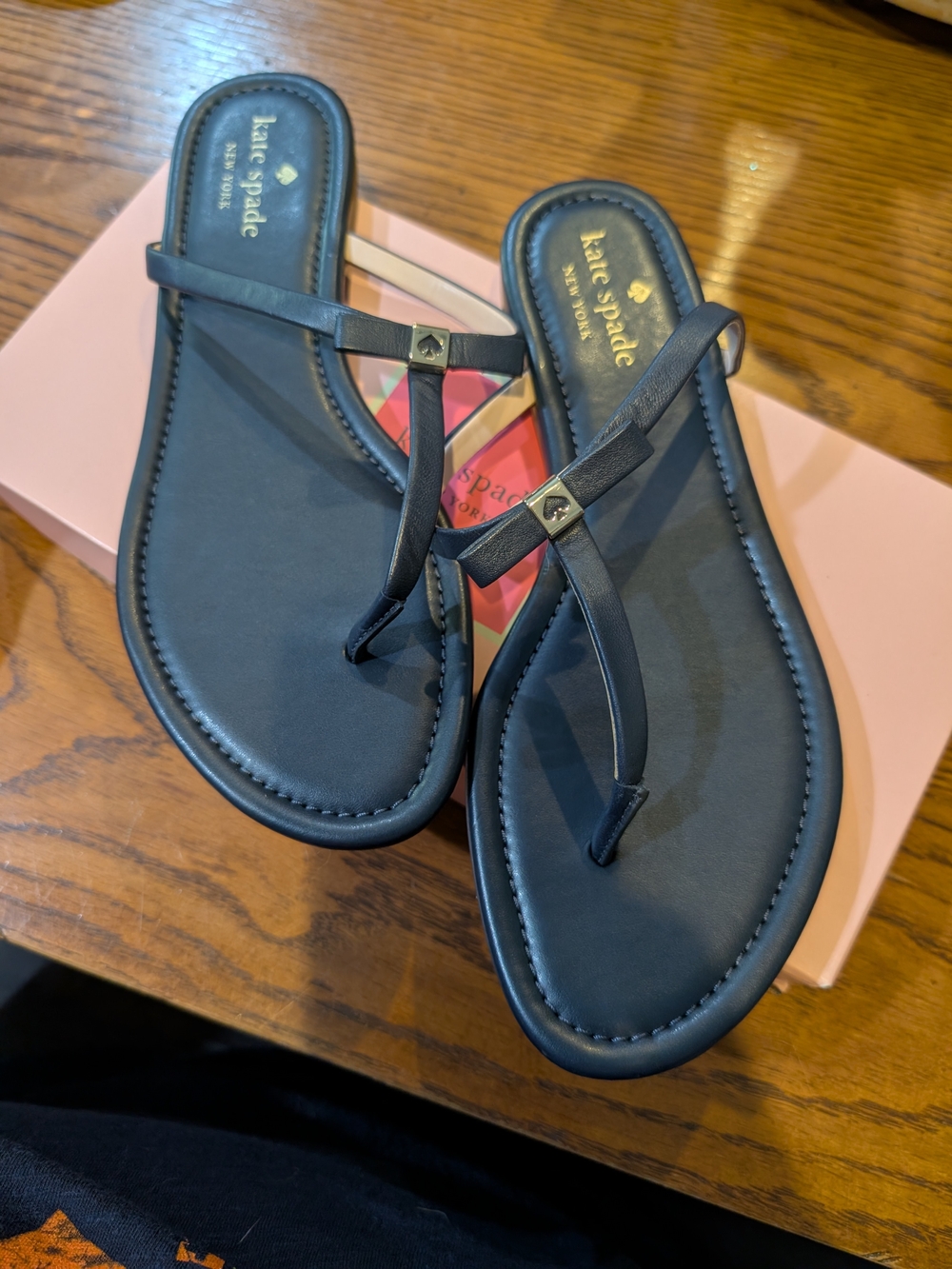 kate spade Navy Leather T-Strap Flip Sandals